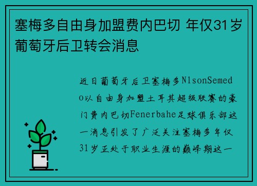 塞梅多自由身加盟费内巴切 年仅31岁葡萄牙后卫转会消息