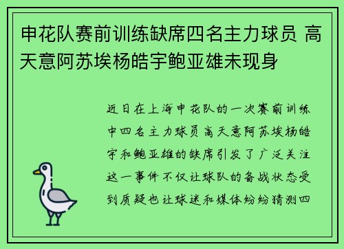 申花队赛前训练缺席四名主力球员 高天意阿苏埃杨皓宇鲍亚雄未现身
