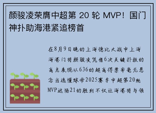 颜骏凌荣膺中超第 20 轮 MVP!国门神扑助海港紧追榜首