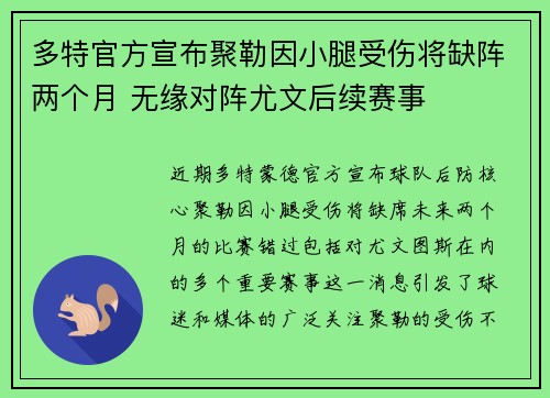 多特官方宣布聚勒因小腿受伤将缺阵两个月 无缘对阵尤文后续赛事