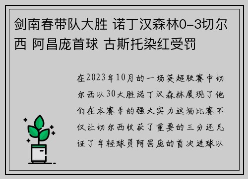 剑南春带队大胜 诺丁汉森林0-3切尔西 阿昌庞首球 古斯托染红受罚